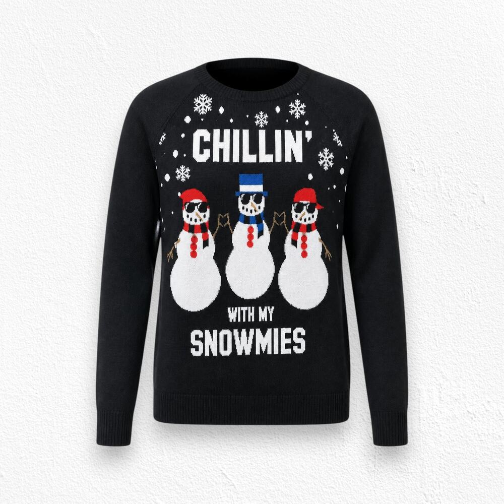 Black Chillin With My Snowmies Crewneck Pullover Knitted Winter Sweater Size XS